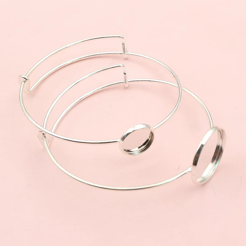 12/20mm Silver Plated Handmade Bangle Base Bracelet Blank Findings Setting Cabochon Cameo Bezel Trays