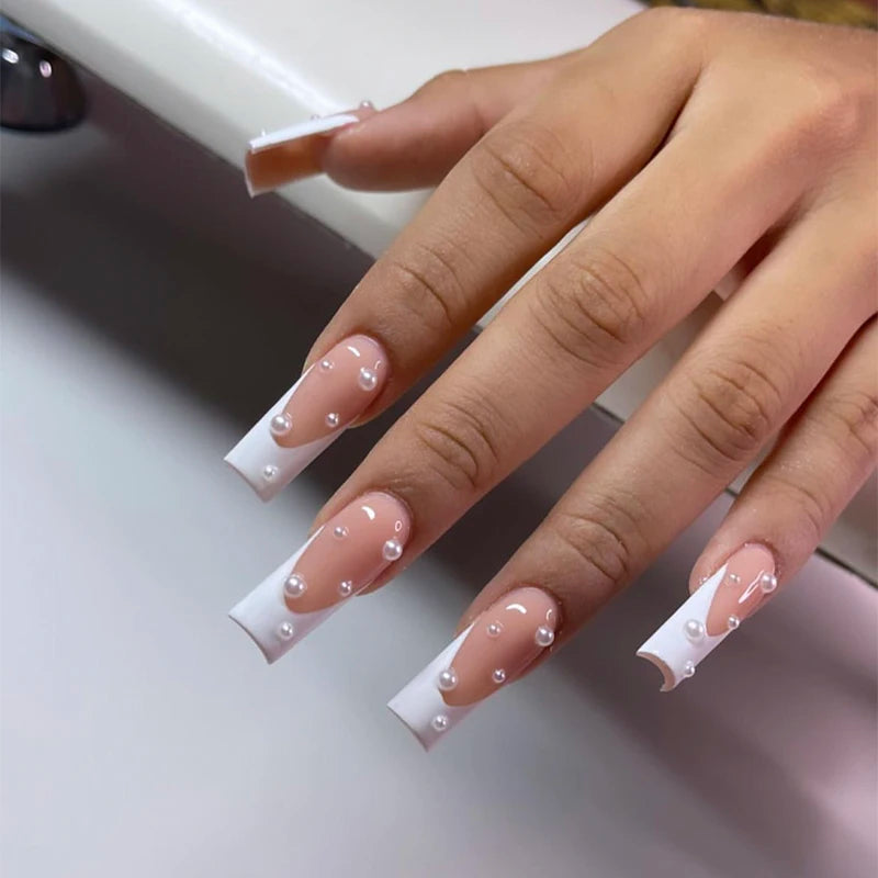 Temooi Wholesale 24Pcs ABS Finger Coffin Pretend Pearl Simple False Nails Press on With Nail Glue