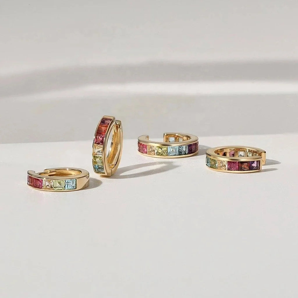 LOZRUNVE 925 Sterling Silver Gold Rainbow Square CZ Huggie Hoop Earring Fashion Jewelry Set Wholesale