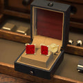 Princess Cut Solitaire Natural Crimson Red Garnet Gemstone Unisex Designer Stud Screw Back Earrings Solid 14k Yellow Gold
