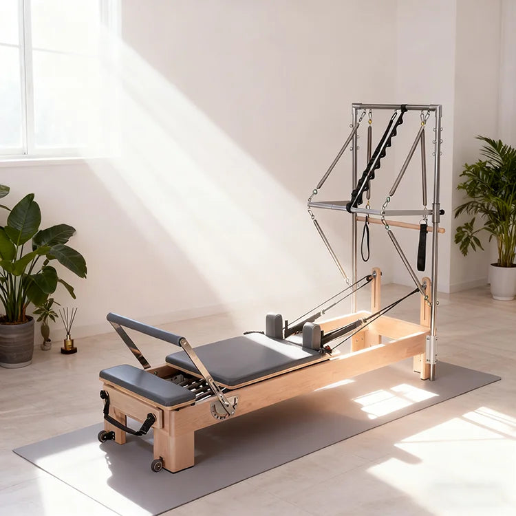Yozoe Pilates Reformer with Tower-Beech Wood Adjustable Home Studio Machine for Body Fitness & Health Benefits 3-Year Warranty