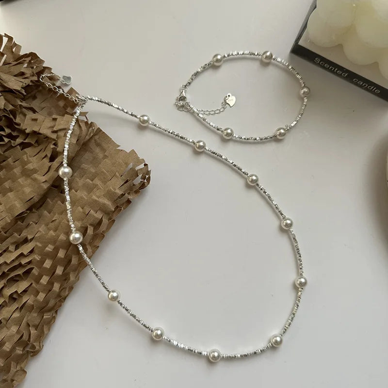 100% Real 925 Sterling Silver Geometric Broken Silver Beads Pearl Bracelets Necklaces Women Fine Jewelry