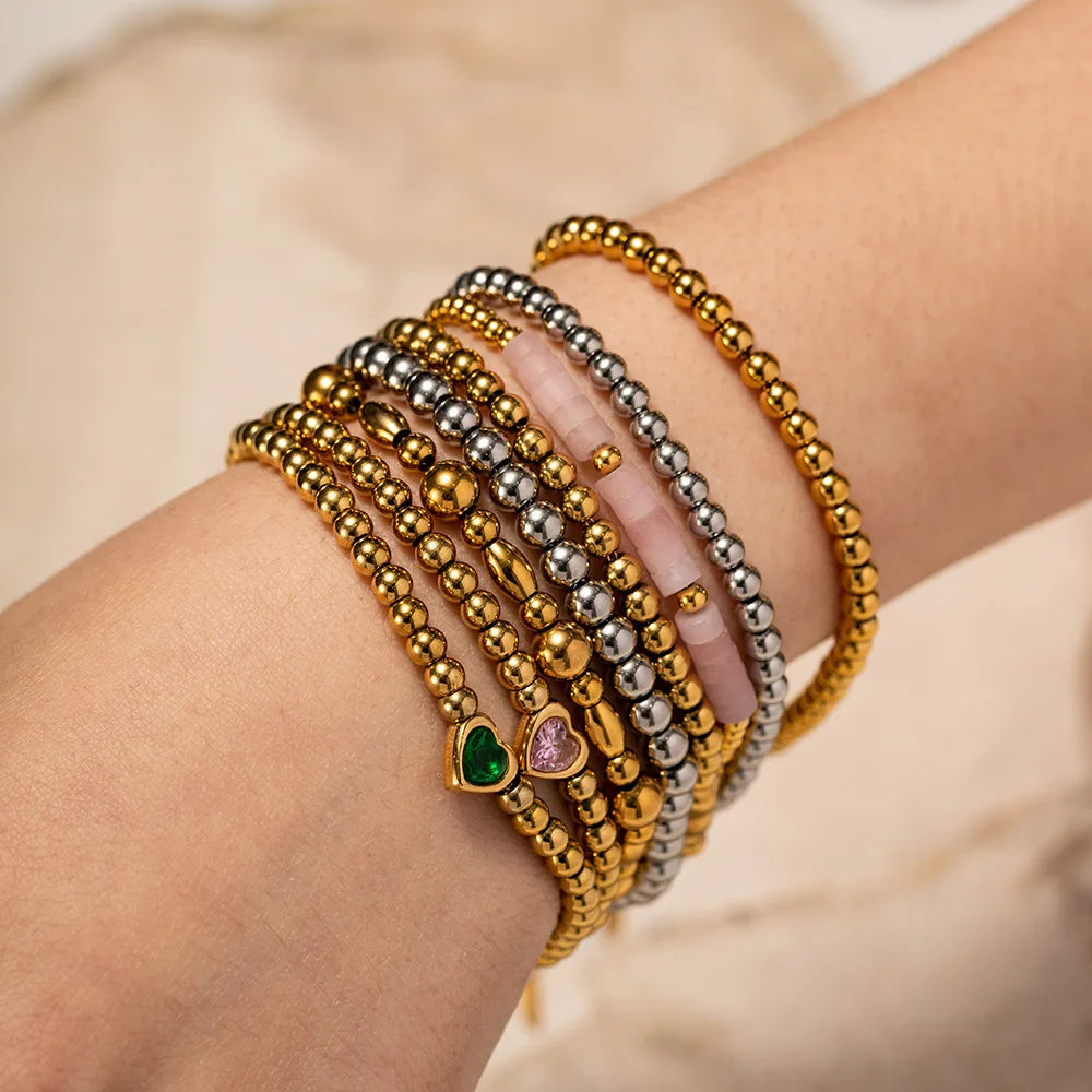 Lateefah OEM Wholesale Non-fading Titanium Steel Jewelry 18k Gold Round Beads Green Heart Zircon Bracelet