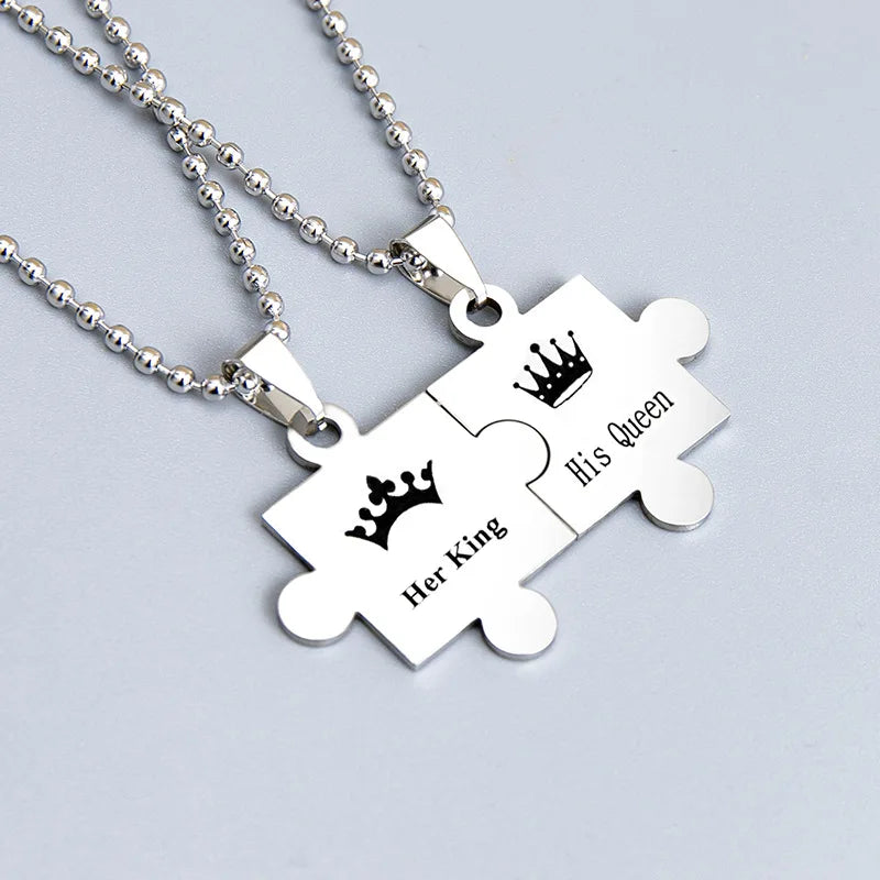 Creative Love Puzzle Necklace Her King His Queen Crown Couple Hollow Pendant Necklace Gold Black Jewelry