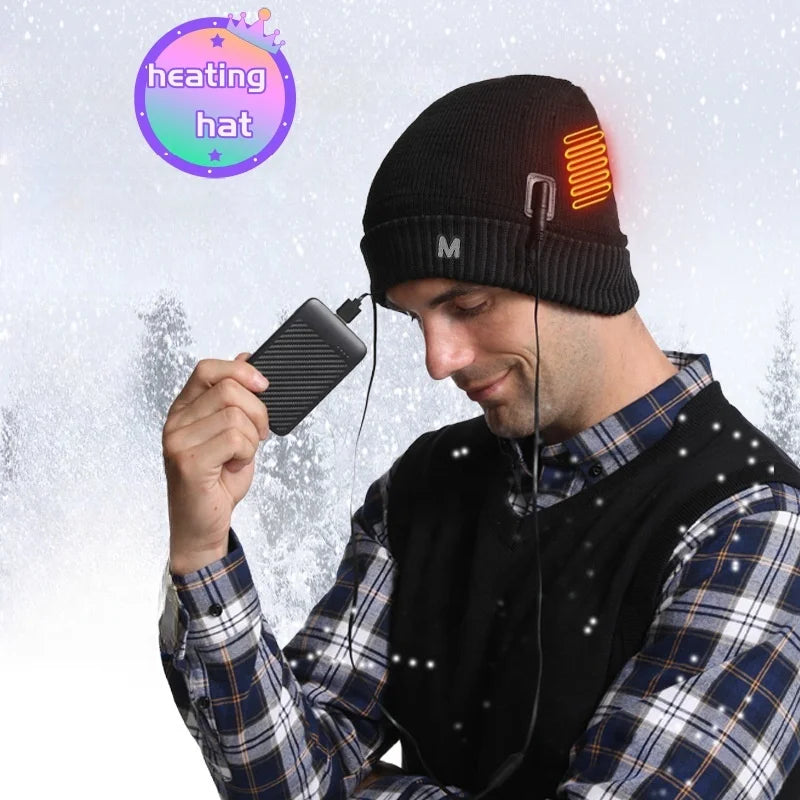 Smart USB Charging Winter Hat Wool Knitted Cuff 100% Wool Letter Pattern Electric Heating Outdoor Cold Protection for Men Travel