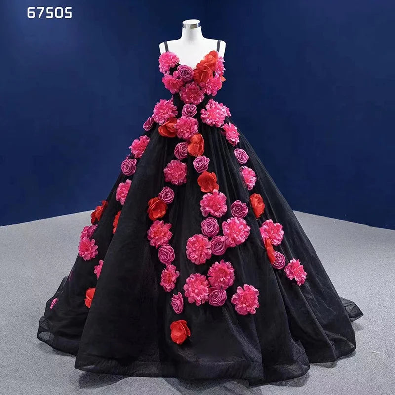 Rsm67505 Elegant Dresses Women Party 2022 Latest Designs 3D Flowers Black Slings Plus Size Dresses