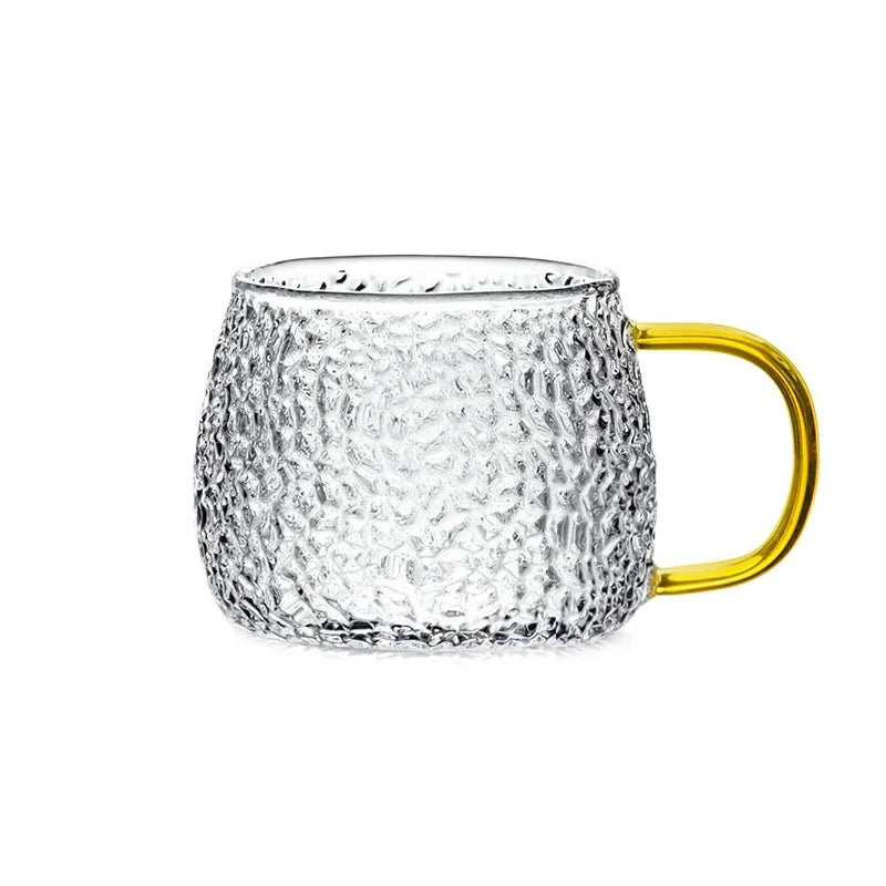 Hammer Grain Glass Cup Gold Handle Handblown High Borosilicate Glass Mug