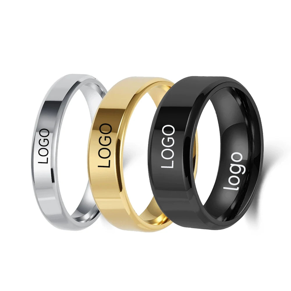 ShuoyeW 4/6/8/10MM Stainless Steel Ring Silver Black Gold Smooth Cut Edge Basic laser logo Stainless Steel ring Finger Ring 1010