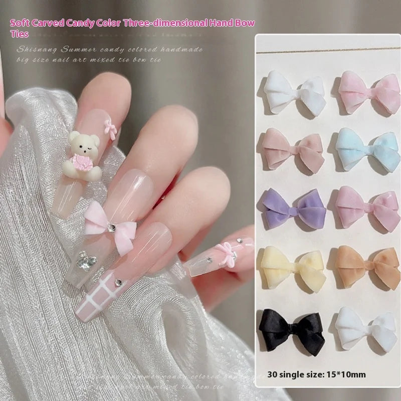 Paso Sico 30Pcs 3D DIY Matte Bow Nail Art Jewelry Black Purple Diamonds Resin Soft Carving Hand Tie Finger Nail Accessories