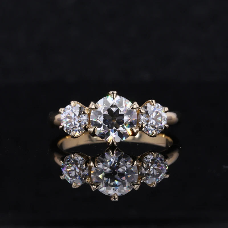 9k Solid Yellow Gold Three-Stone Antique OEC Moissanite Jewelry Starsgem Moissanite Ring