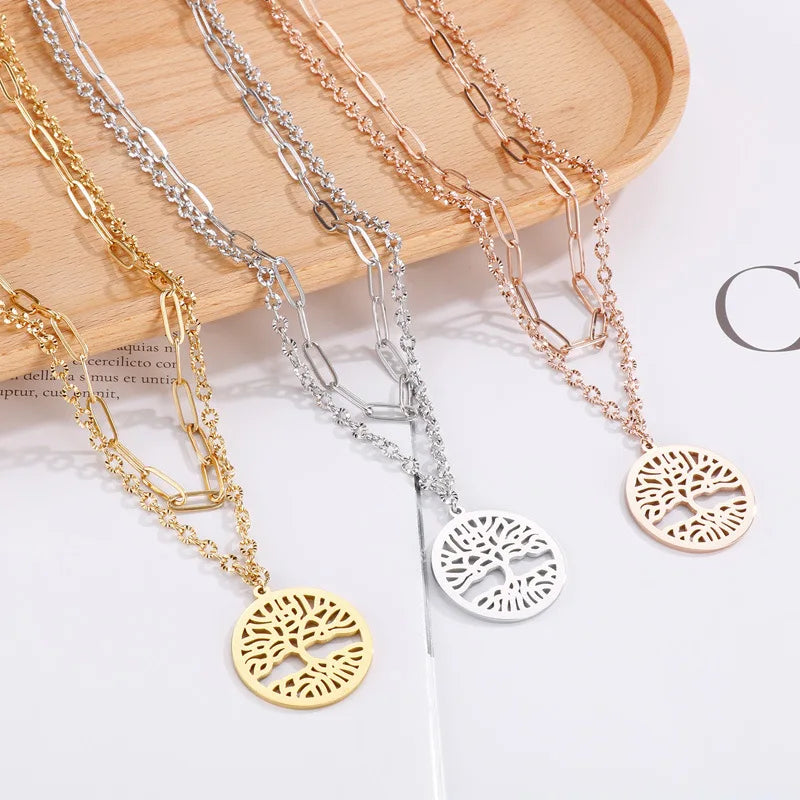 Customized Round Pendant Necklace Stainless Steel Hollow Tree of Life Pendant Gold Plated 2 Layer Necklace for Women