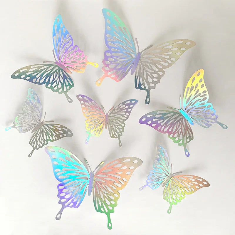 Glitter Party Decor 12 Pcs 3D Iridescent Silver Butterfly Wall Stickers Decals Holographic Silver Butterfly Wall Decoration