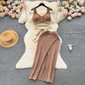 Sexy 2 Piece Set for Women Tunic Bandage Crop Top and Knitted Slit Skirts Set Ropa Wholesale