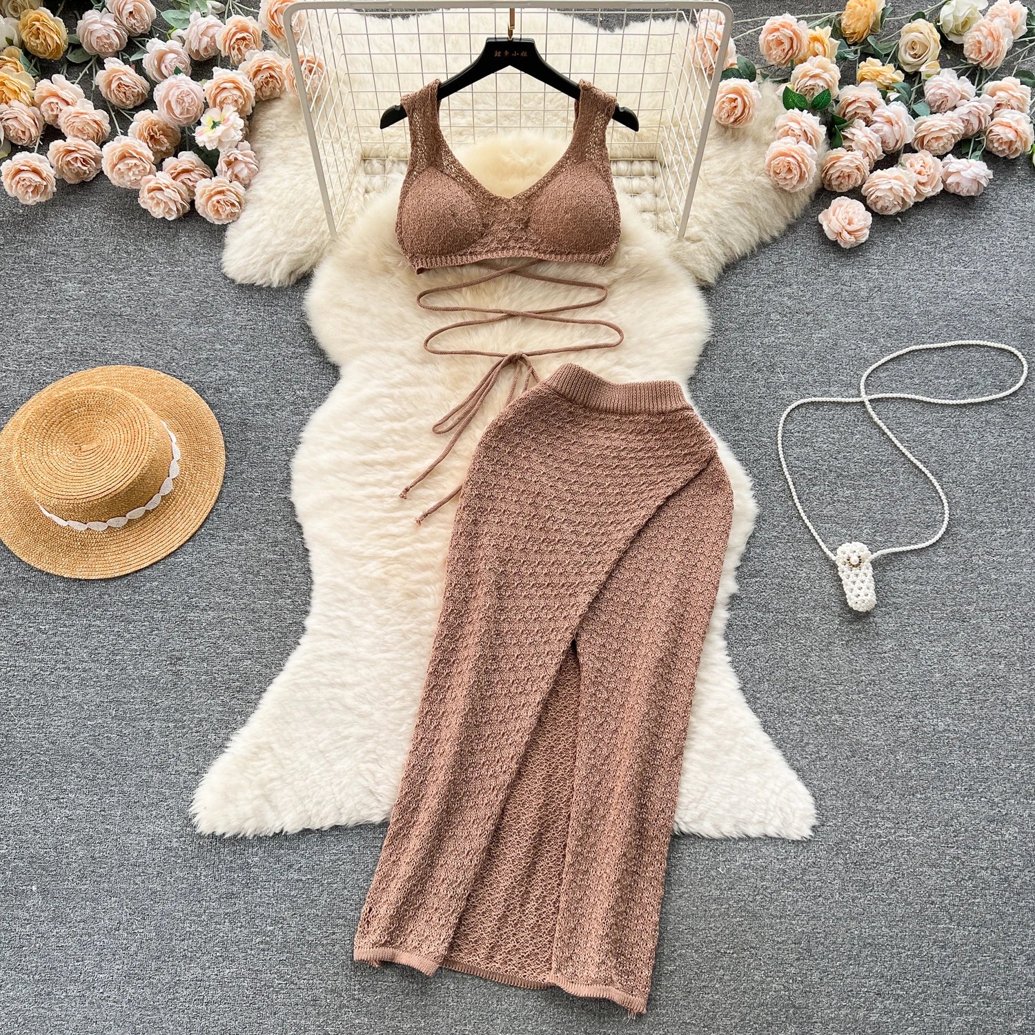 Sexy 2 Piece Set for Women Tunic Bandage Crop Top and Knitted Slit Skirts Set Ropa Wholesale