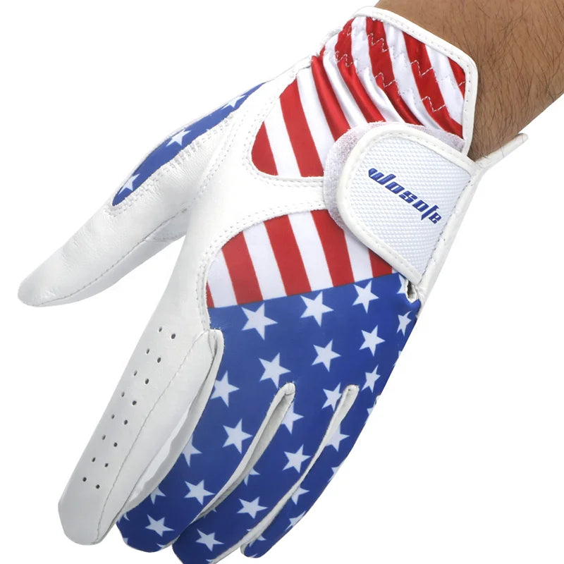 Manufacturer Wholesale Custom logo OEM ODM Flag Breathable Durable Printed Left Hand Soft Mesh Men PU Leather Golf Gloves