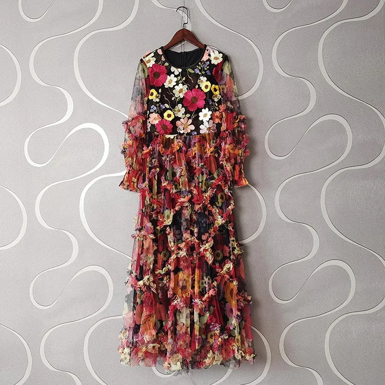 Women's Dress Spring Women's Vintage Wood Ear Edge Embroidery Long Sleeve Large Swing Round Neck Dress