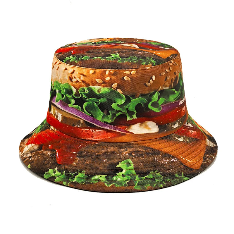 Landfond New Sunscreen Funny Panama Cap for Men Women Location Design Fisherman Hats Food Pattern Hamburger Printing Bucket Hat