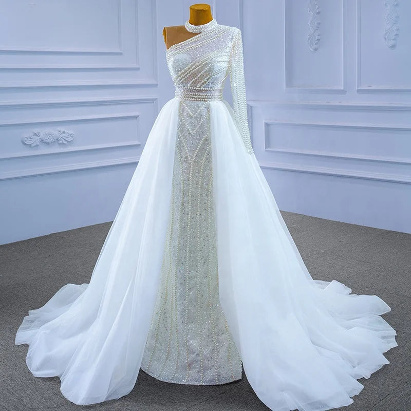 Rsm67345 Luxury One-Shoulder Strappy Pearl Halter Wedding Dress With Beading