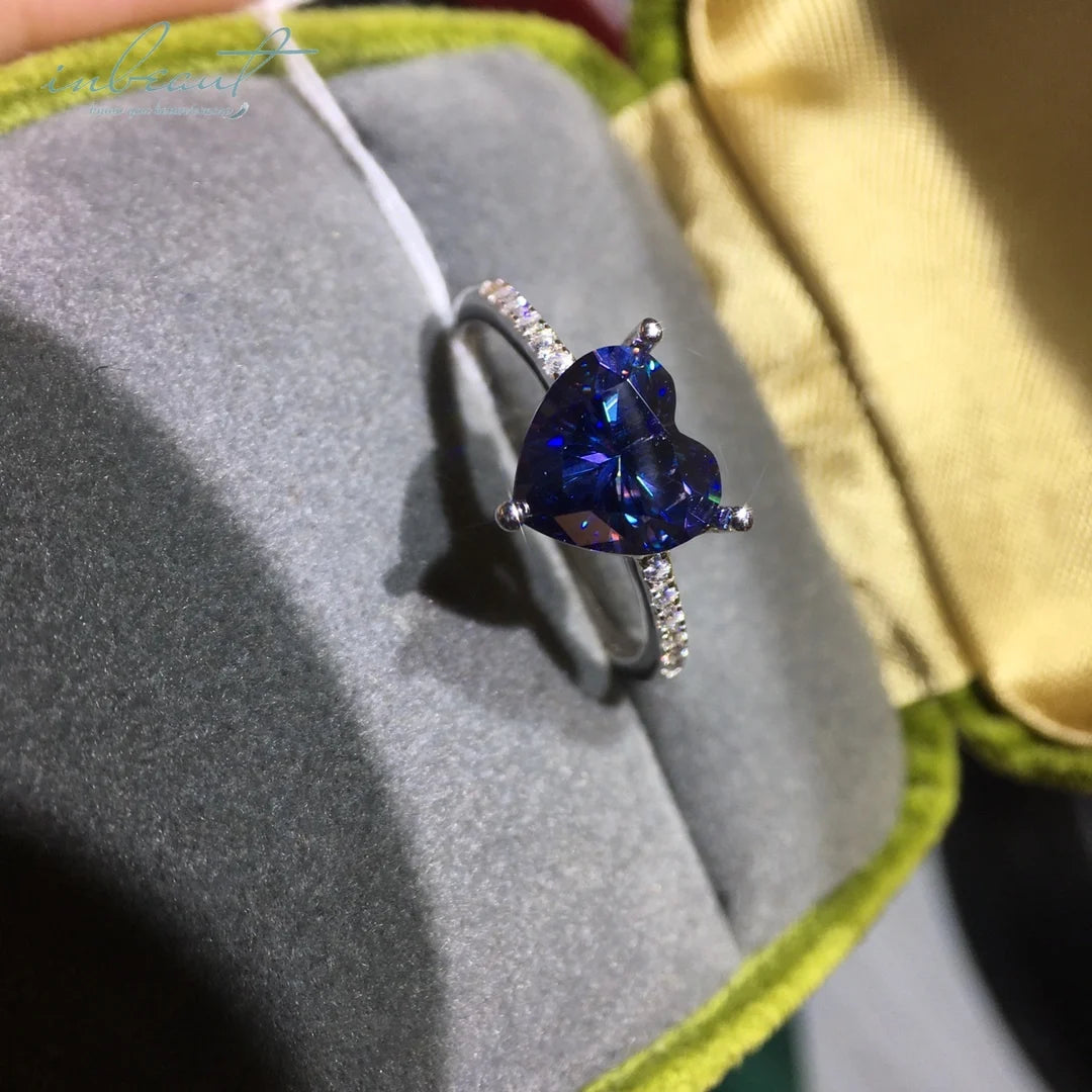 Silver 925 Original Brilliant Cut 2 Carat Diamond Test Past Blue Heart Moissanite Wedding Ring for Women Valentine's Day Gifts