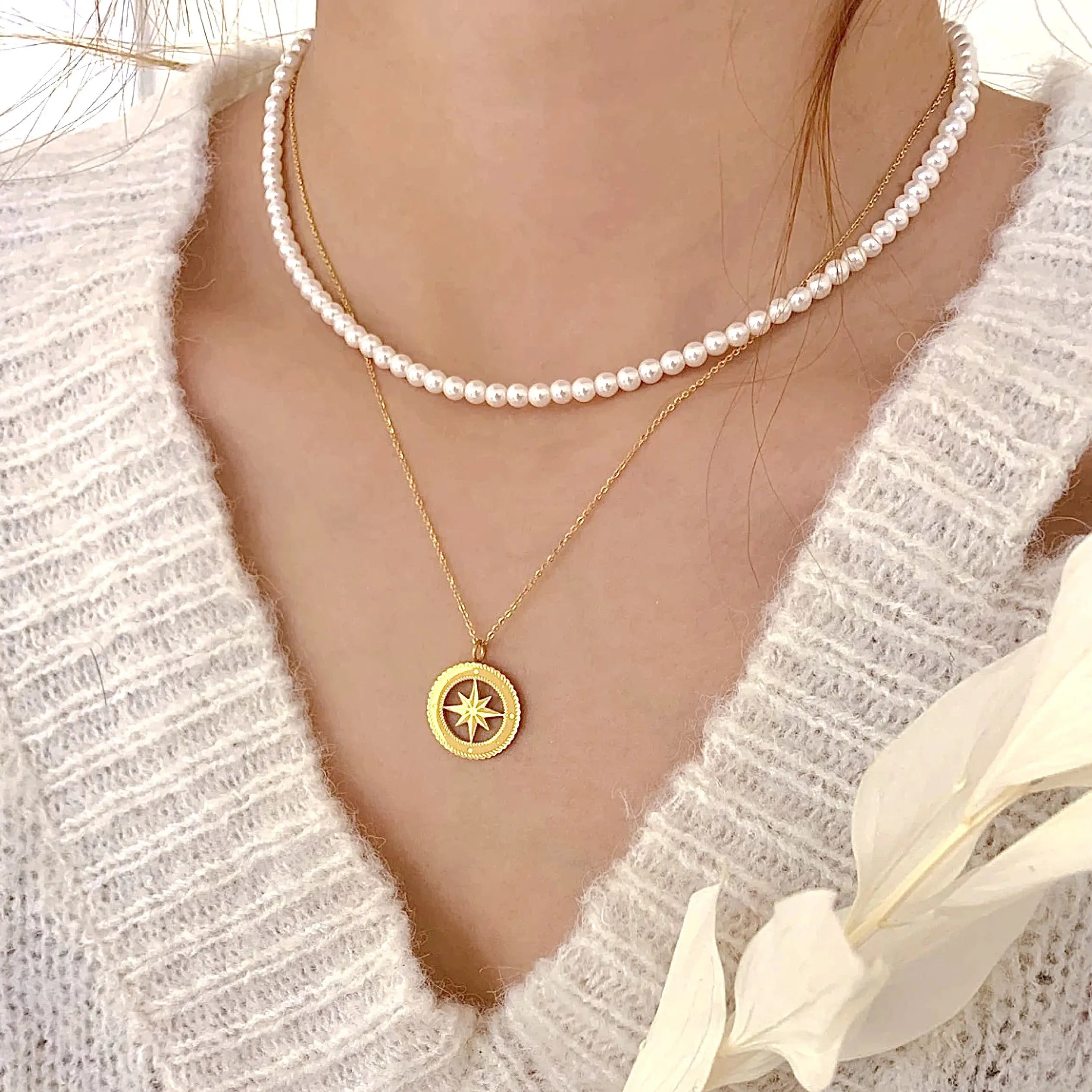 Non Tarnish Free Waterproof North Star 6mm Pearl Jewelry 18k Gold Plated Stainless Steel Compass Pendant Double Layer Necklace