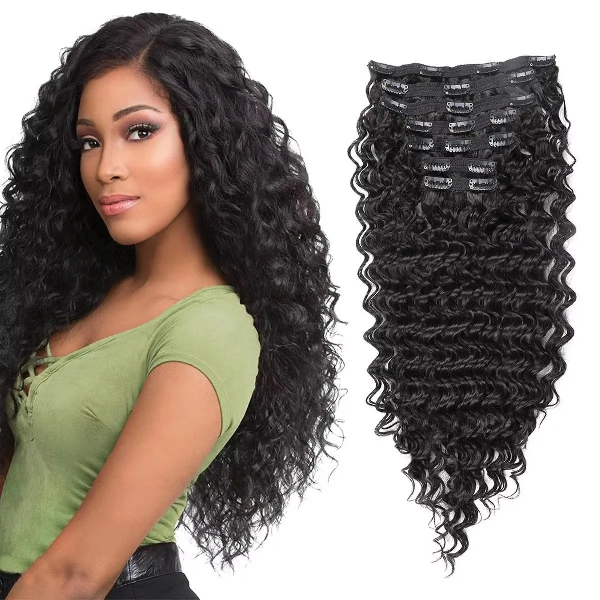 Wholesale Brazilian 100% Human Hair Extensions Clip-In Natural Black Deep Wave Clip In Hair Extension