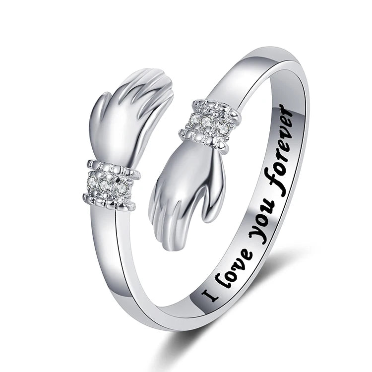 G1927 Personality Gift Engraved Letters Rings Open Adjustable Zircon Self Love Hug Me Hand Ring for Women Girls