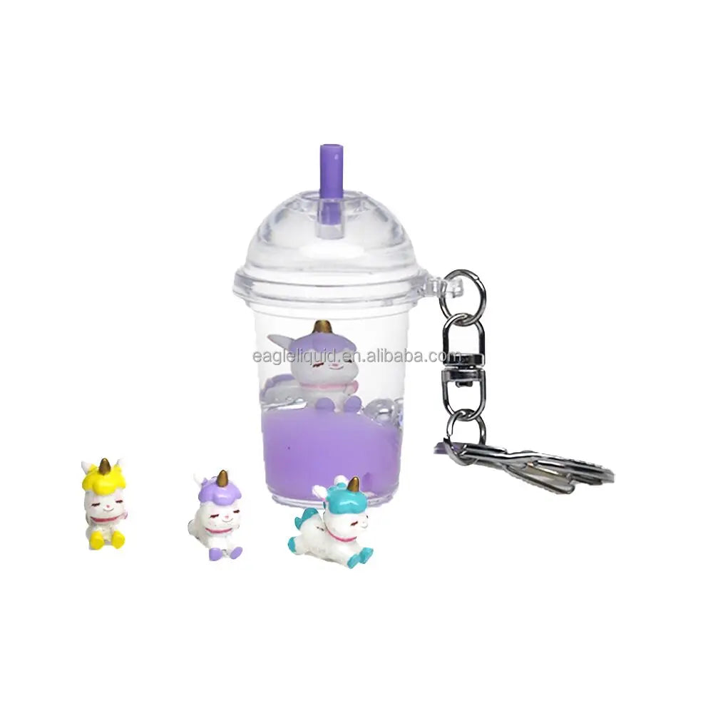 Clear Acrylic Moving Kawaii Unicorn Princess Floating Boba Fish Floating Milk Oil Purple Liquid Quicksand Keychain