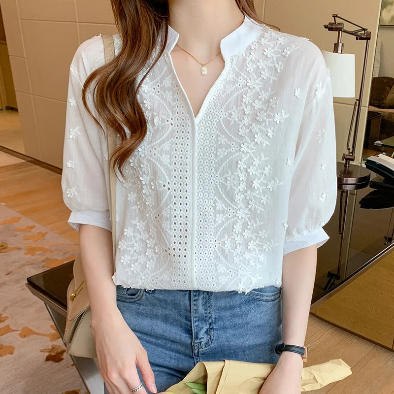 Wholesale Embroidered Cotton Women's Tops New 2026 Summer Half Sleeve V-neck Solid Color Fashion Embroidered Women's Blouses