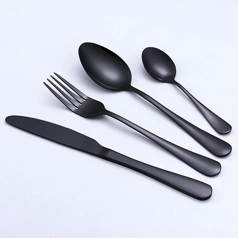 4pcs Eco-Friendly Luxury Metal Black Tableware Spoons Travel Vintage Gold Cutlery Stainless Steel Flatware Set