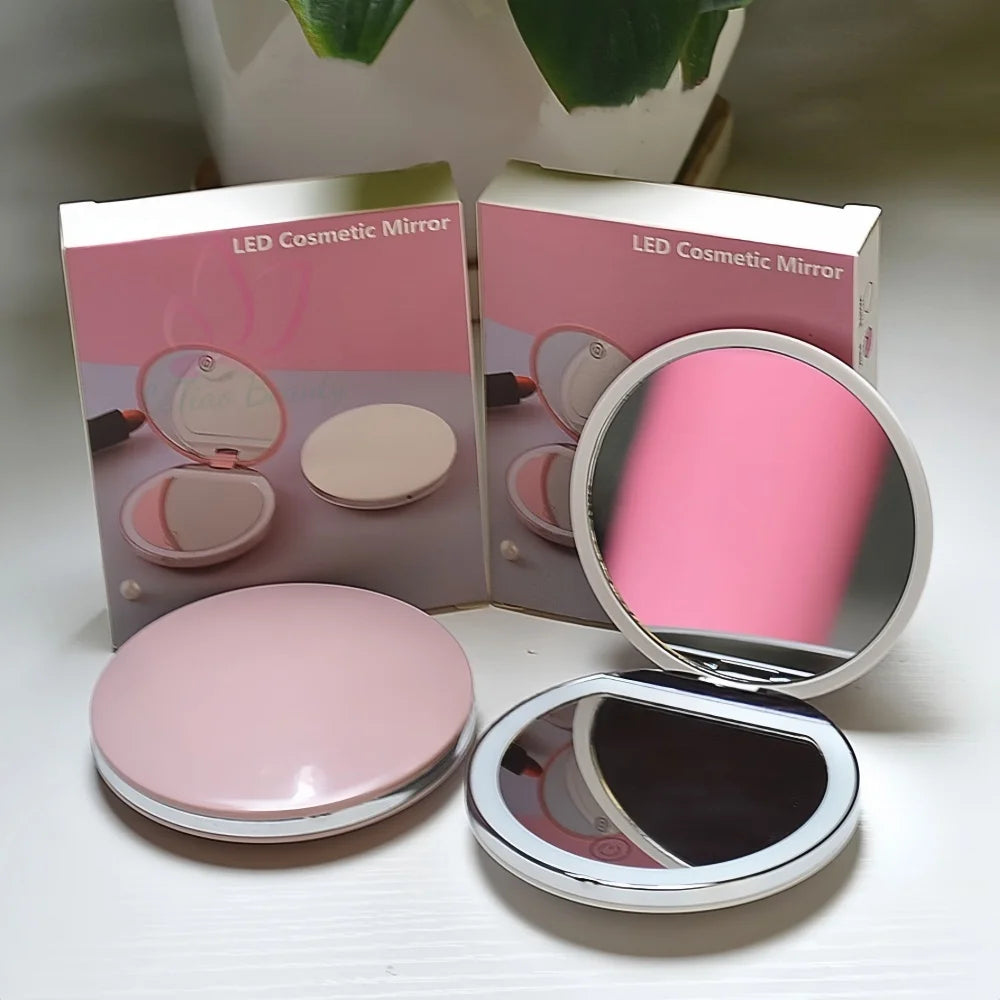Hot Selling Small Handheld LED Mirror 2X Magnifying Rechargeable LED Makeup Mirror Portable Round Cosmetic Mirror with Lights