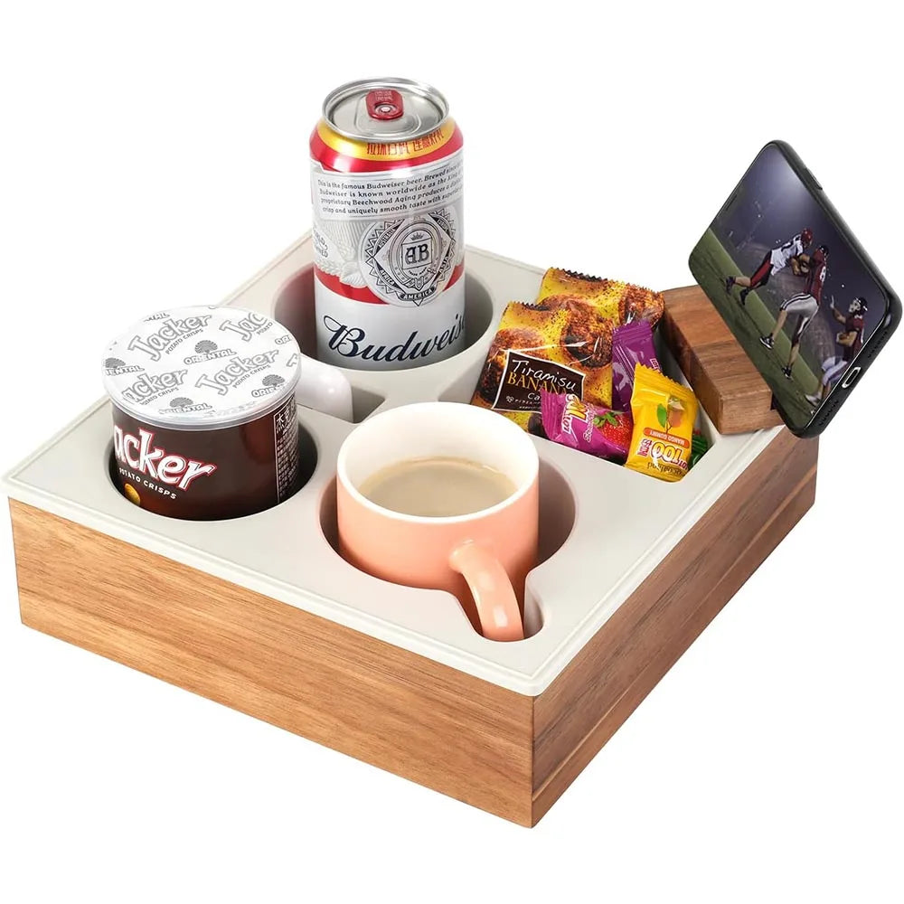 2026 Hot Couch Cup Holder Tray Waterproof Anti-Spill Soft Silicone Wood Organizer Caddy for Bed Car Seat Snacks Beverage Remote