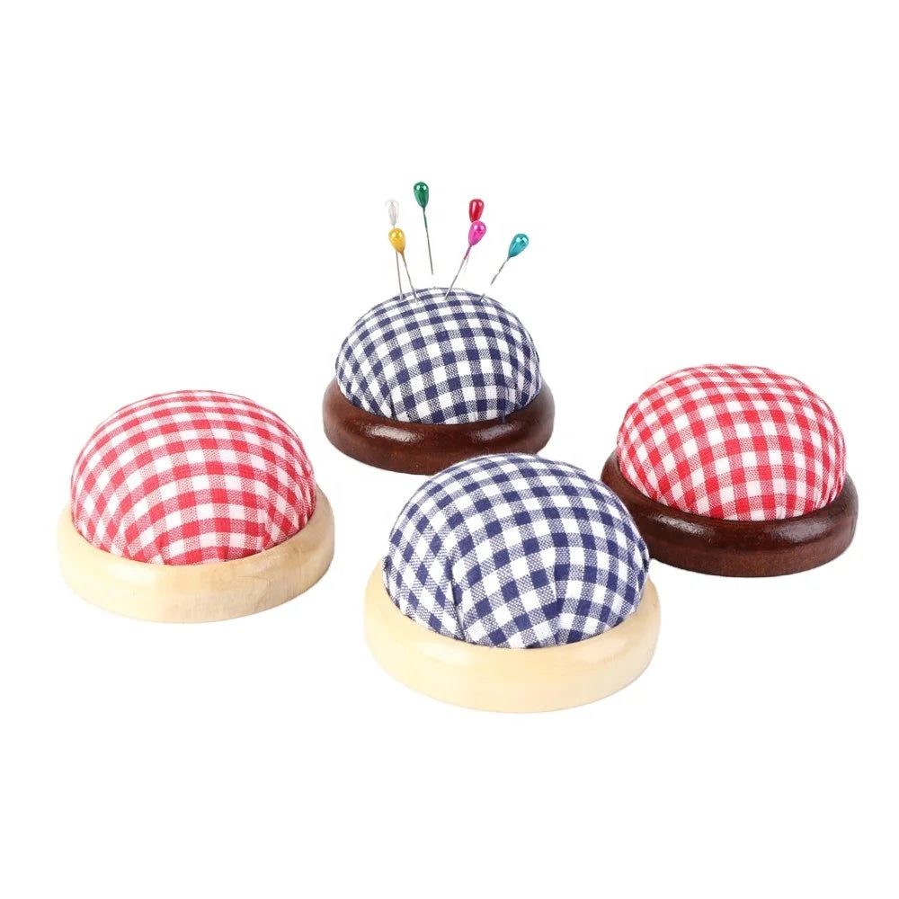 Wooden Base Round Shape Fabric Sewing Pin Cushion with Convenient Durable Design DIY Embroidery Accessories Polyester