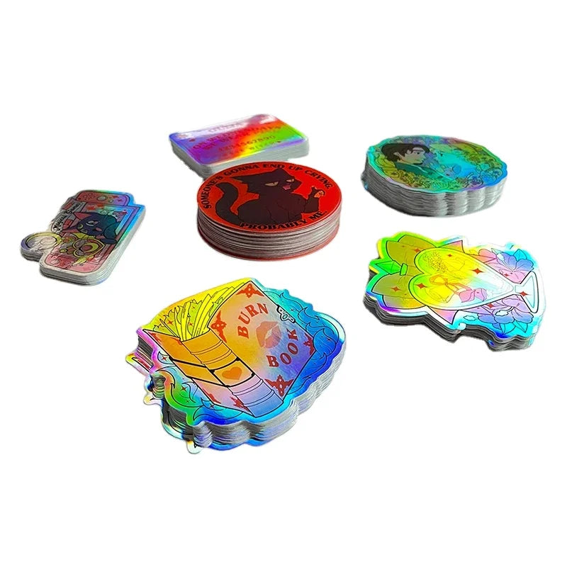 Customized Logo Printing Design Waterproof Adhesive PVC Laser Film Holographic Die Cut Stickers Gift Craft Bwill Brand MOQ 500