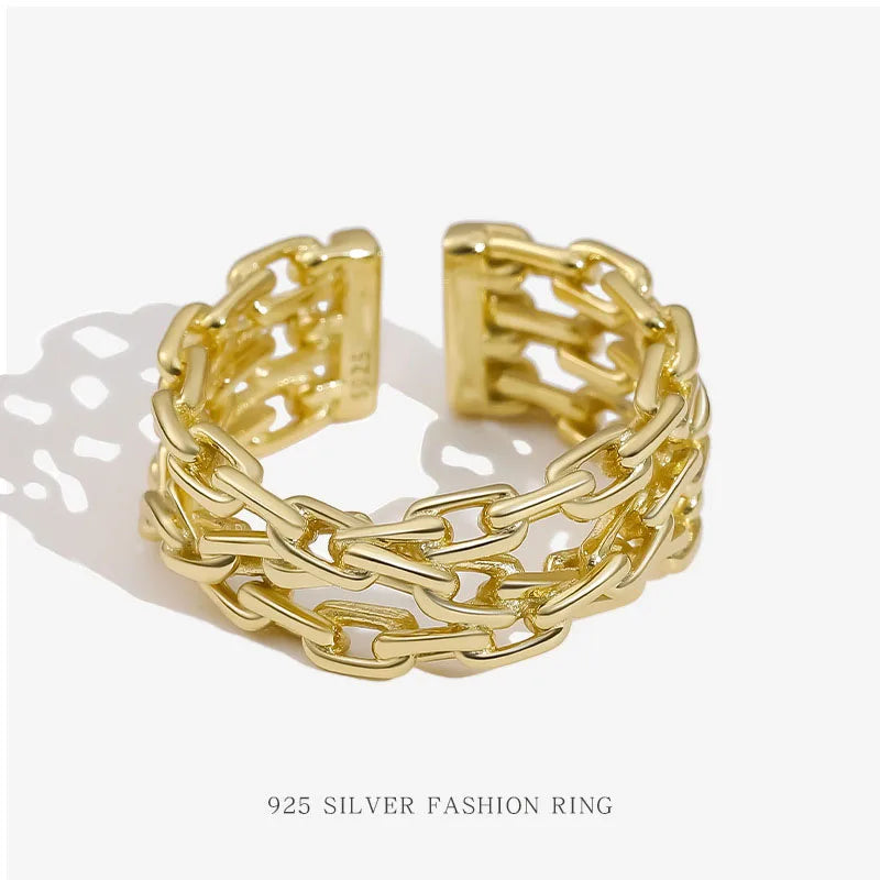 Three Chain Cross Adjustable Open Ring Chunky Twisted Hollow Braided 18k Gold Plated 925 Sterling Silver Wedding Party Women's