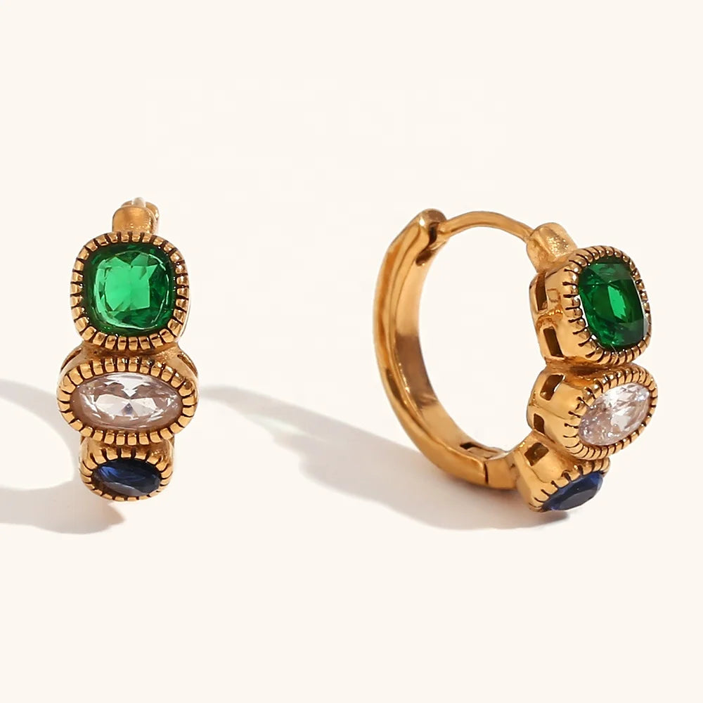 Dingran High Fashion Vintage Green Zircon Hoop Earring 18K Gold Plated Stainless Steel Huggies Earring for Women