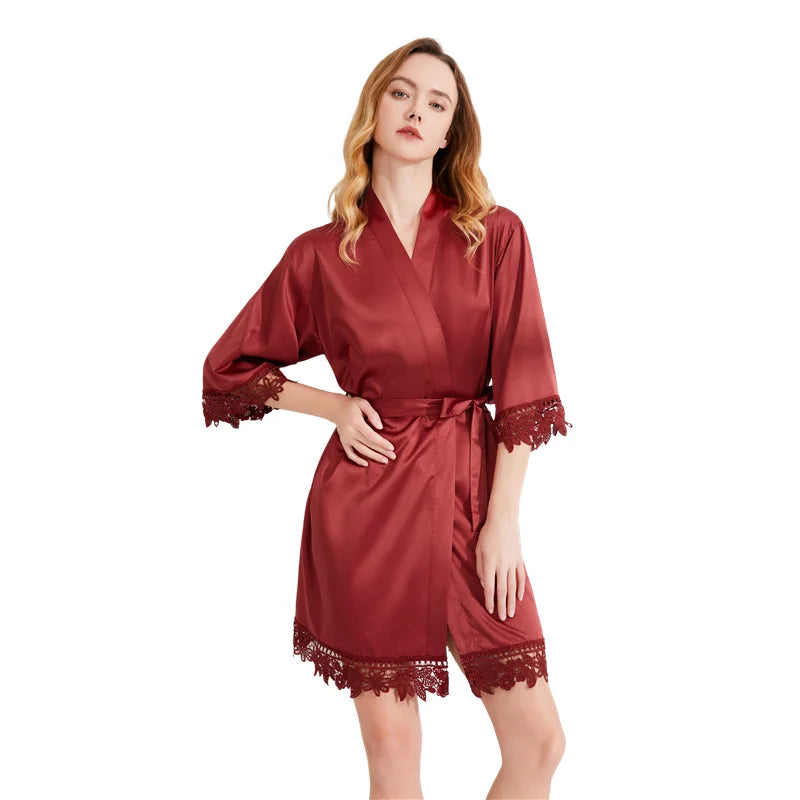 FUNG 3031 Plus Size Thermal Women's Satin Robe Sleepwear Set-Four Season Use Slim Fit Front Crotch Design