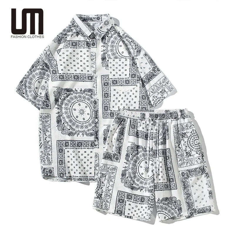 Liu Ming New Products 2024 Summer Fashion Men Casual Printing Loose Short Sleeve T Shirt Suit Two Piece Shorts Set