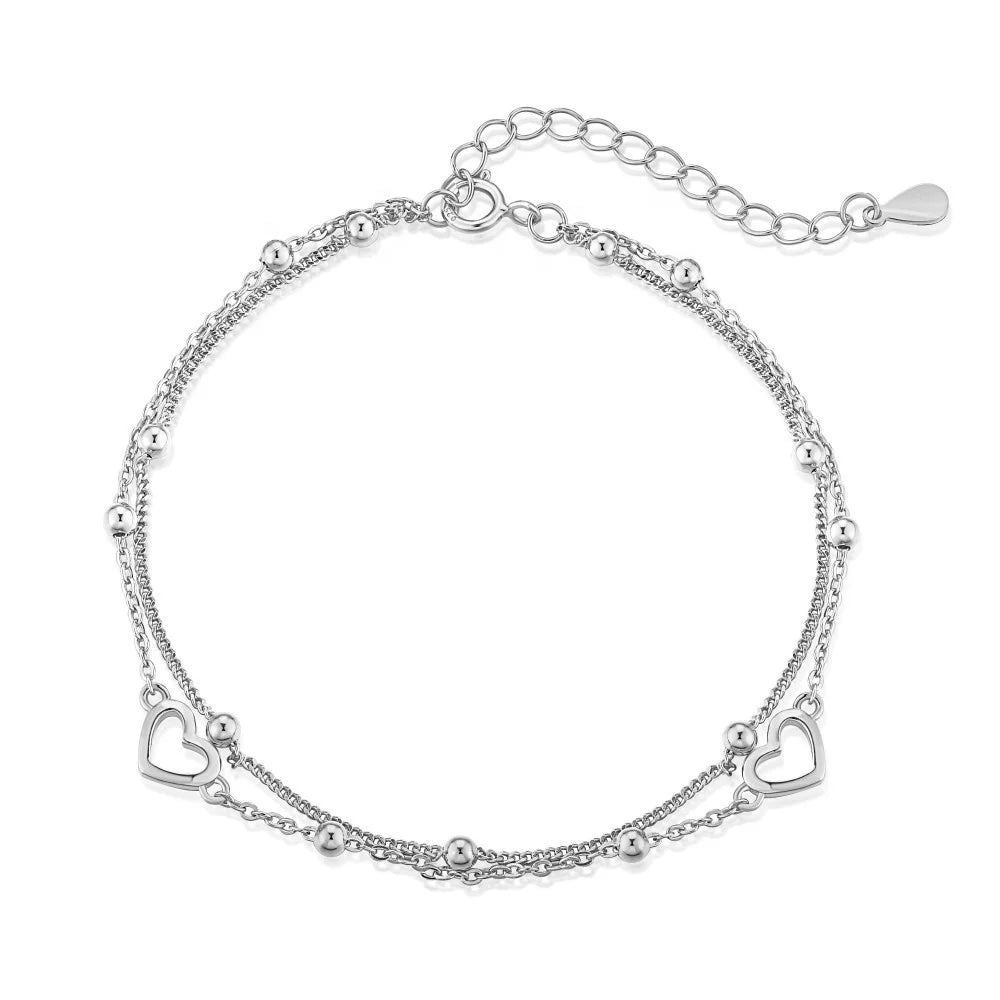 OAHLAN Fashion Jewelry 925 Sterling Silver Love Heart Beads Double Chain Adjustable Bracelet for Womens Girls Anniversary Gift
