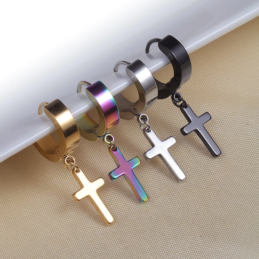 GT Stainless Steel Huggie Earrings Trendy Punk Gothic Ear Piercing Dangle Hoop Cross Earrings for Men