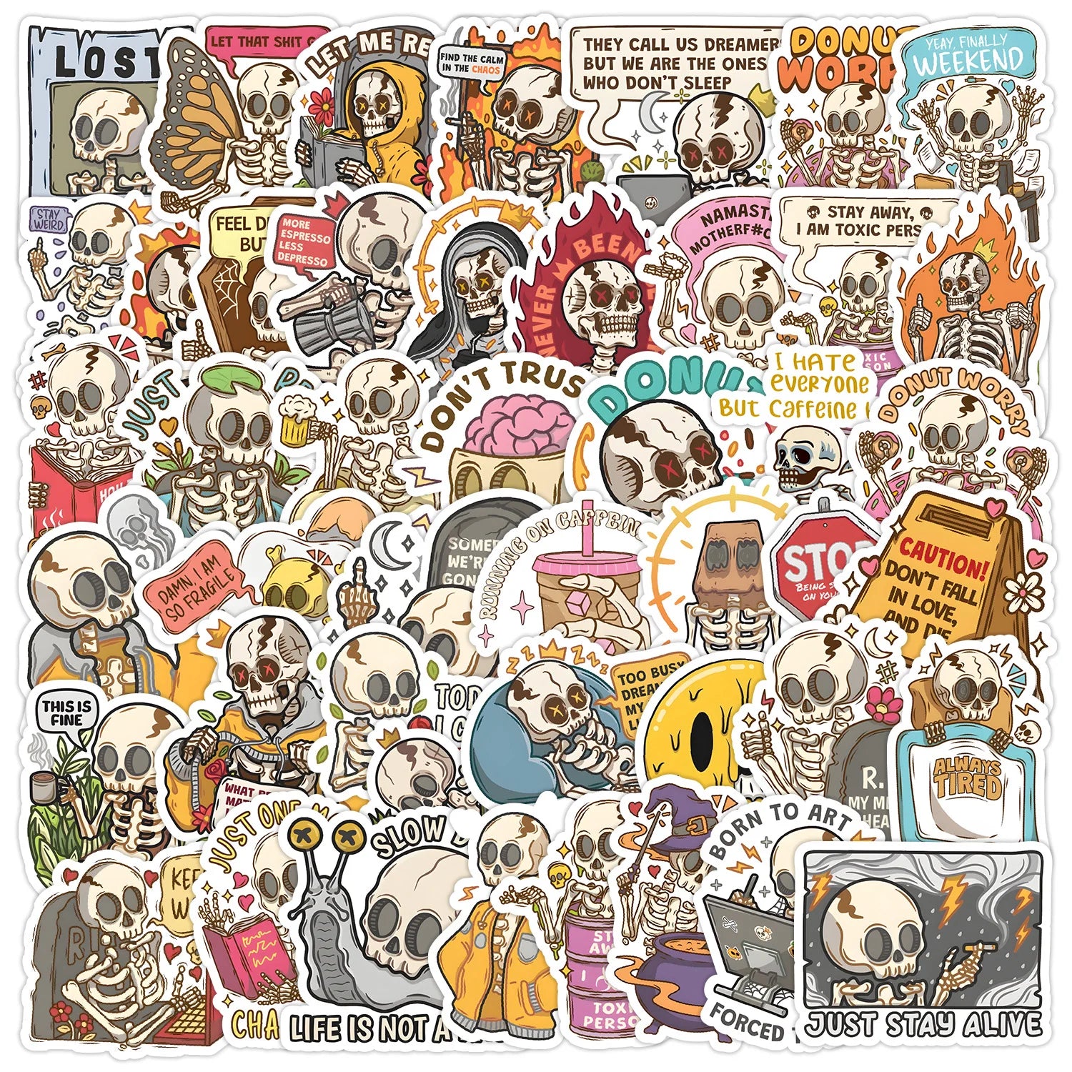 50PCS Funny Quotes Cute Smoking Skeleton Drinking Ghost Sticker