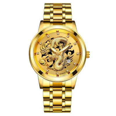 Fashion Calendar Men's Watch Steel Band Non-mechanical Business Waterproof Square Diamond Chinese Dragon Watch