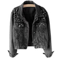 Hiking Women's Casual Oversized Embroidered Pearls Beading Denim Jacket Long Sleeves Jean Coat Bridal Pearls Denim Jacket