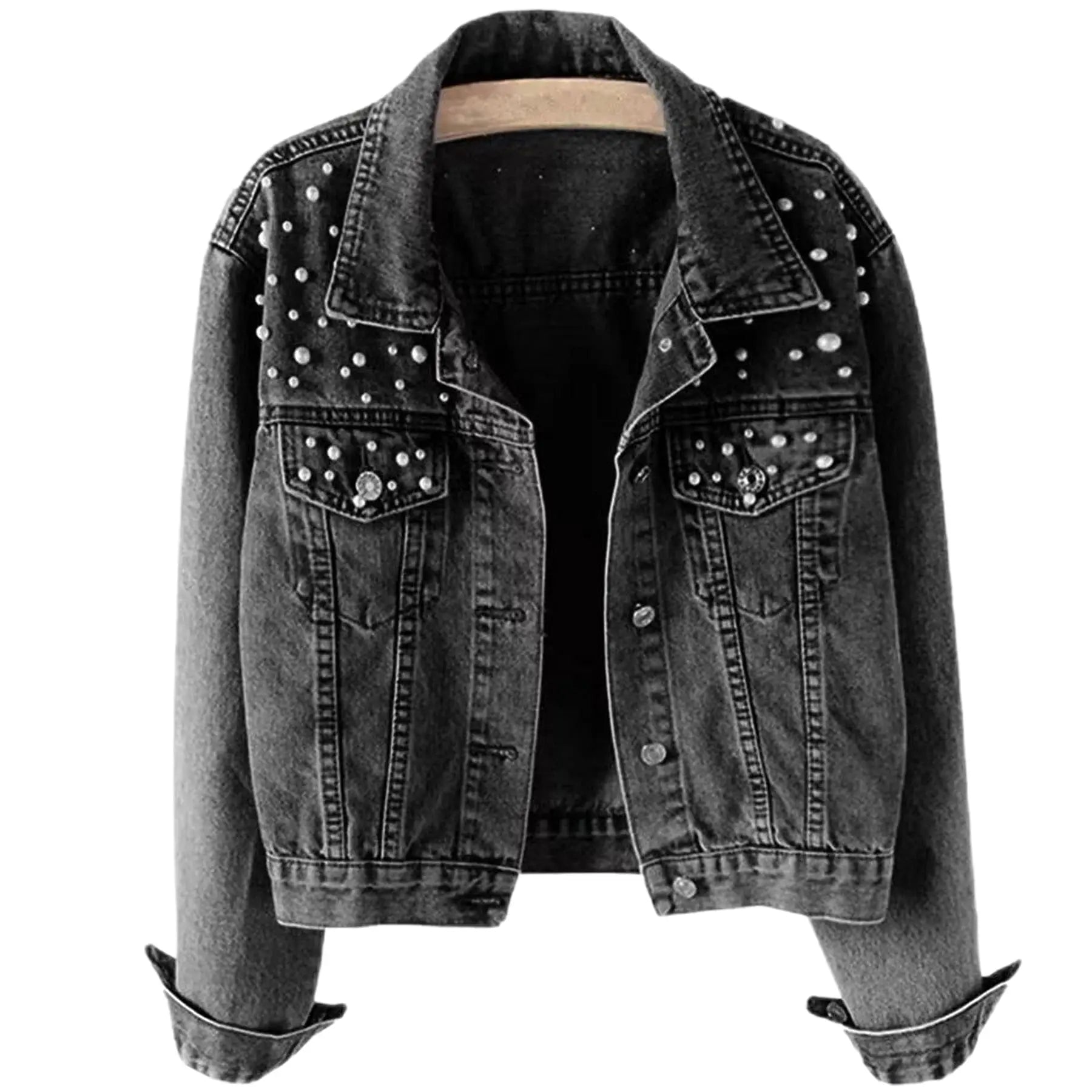 Hiking Women's Casual Oversized Embroidered Pearls Beading Denim Jacket Long Sleeves Jean Coat Bridal Pearls Denim Jacket