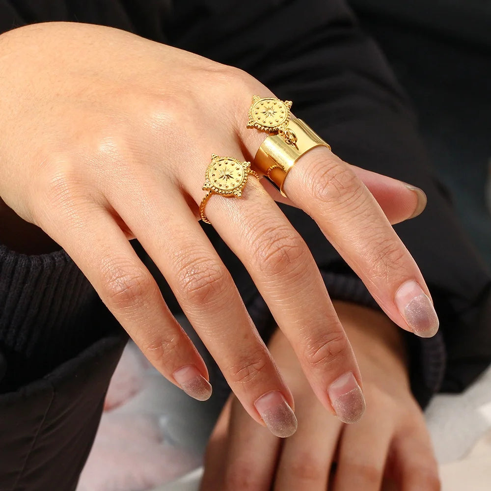 Minimalist Engraved Neptune Charm Ring Stainless Steel Rings Jewelry Women Gold Plated Ring Set
