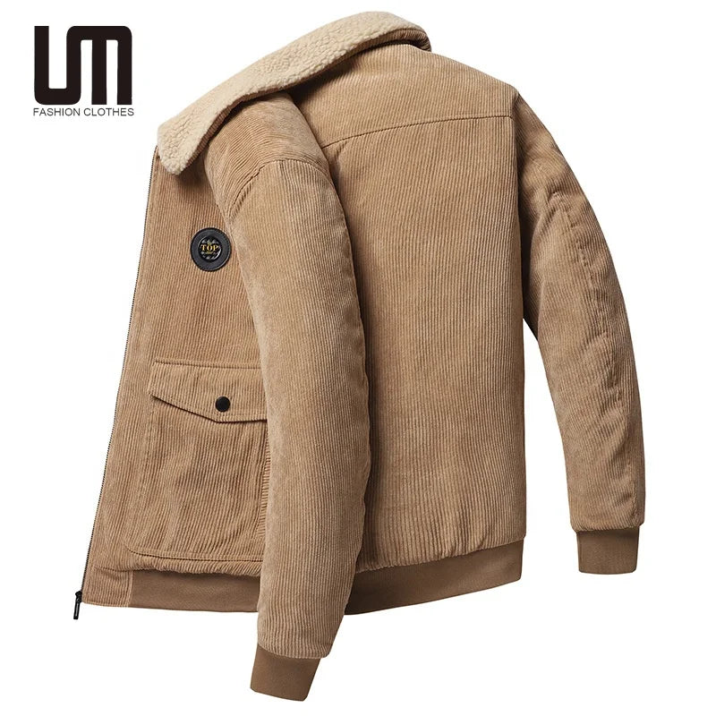 OEM ODM Autumn Winter New Products Men Warm Thick Fleece Fur Collar Corduroy Casual Plus Size Jacket