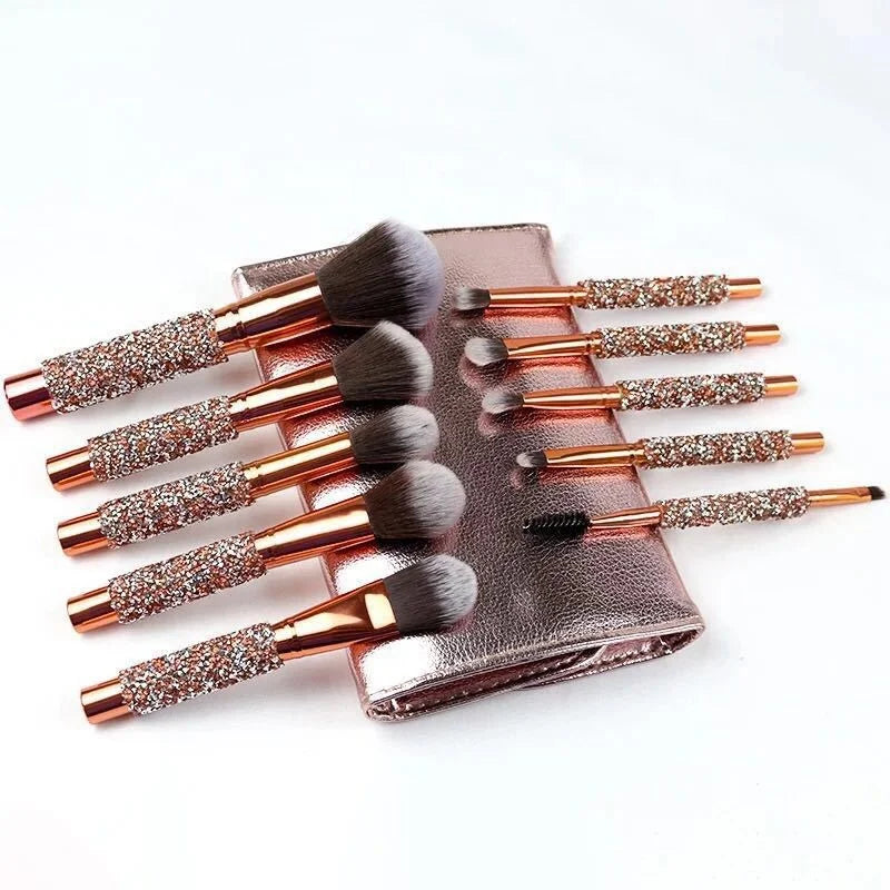 Hot Sale 10pcs Crystal Handle Makeup Brush Kit with PU Pouch Custom Logo for Concealer Application on Face