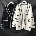 Thick Loose Sweet Color Block Knitted Cardigan for Women Bow Design v Neck Double Pockets White Black Coat