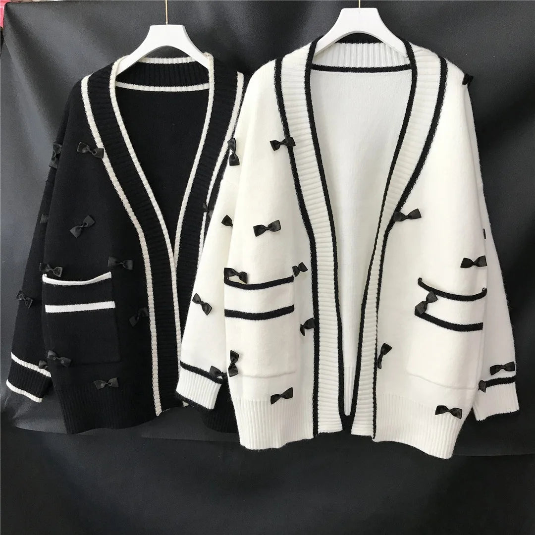 Thick Loose Sweet Color Block Knitted Cardigan for Women Bow Design v Neck Double Pockets White Black Coat