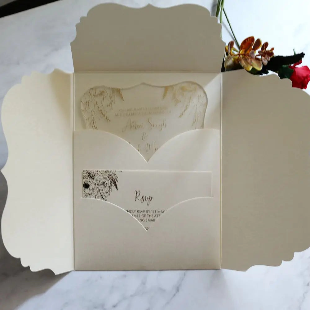 Tri-fold Card Wedding Program Card Frosted Acrylic Invitation with Envelopes Wholesale Gold Foiled