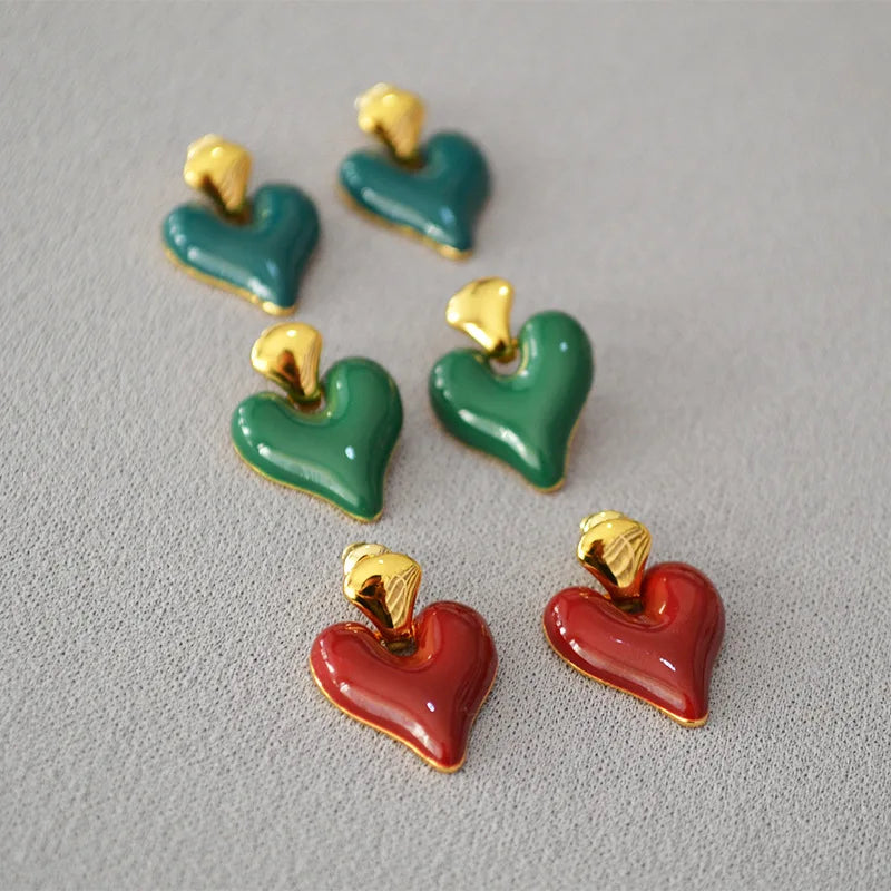 Holiday Season 90s Brass Alloy Puffy Heart Charm Stud Earring Women Earrings Jewellery Red Green for Small Business